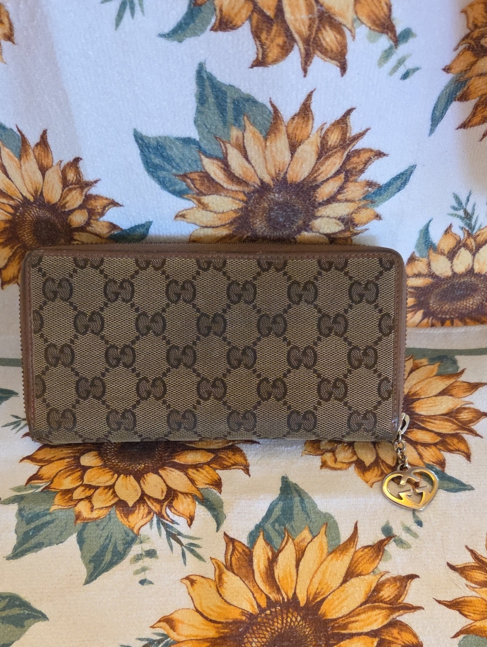 Gucci Brown Monogram Zip Wallet with Gold Charm
